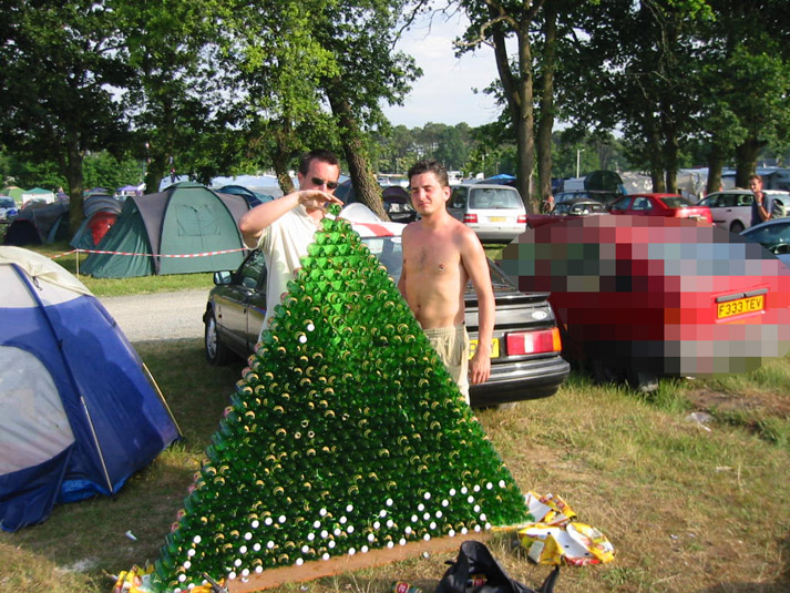 Following a serious downing session to reach the top, the final beer is placed on top!! (the car on the right has been disguised for your own sanity)